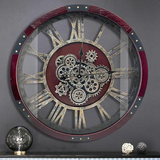 DORBOKER 30" Original Moving Gears Wall Clock, Large Industrial Wall Clock for Living Room Decor, Retro Wood Vintage Farmhouse Steampunk Rustic Clocks for Wall Decor,Cherry Red