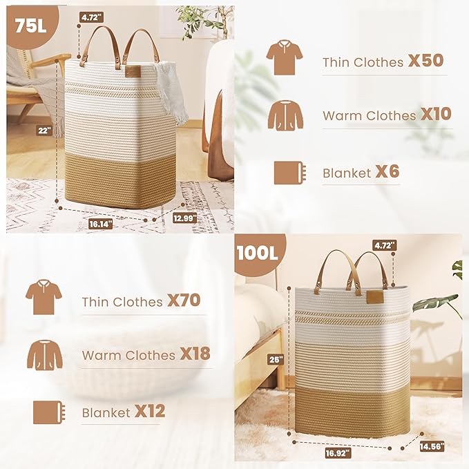 danpinera Large Laundry Hamper – 75L Tall Woven Cotton Storage Basket with Leather Handles, Slim Dirty Clothes Hamper, Decorative Storage Basket for Blanket,Toys White & Jute