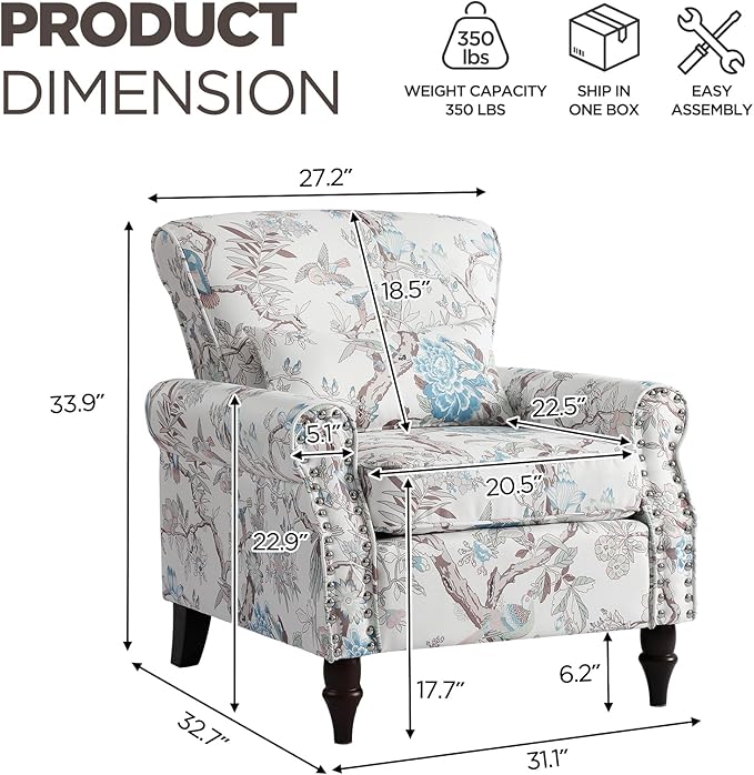 Wingback Accent Chair with Removable Pillow, High Back Floral Armchair with Solid Wood Legs & Nailhead Trim, Comfy Upholstered Reading Single Sofa Chair for Bedroom (1, Bird Floral Pattern)