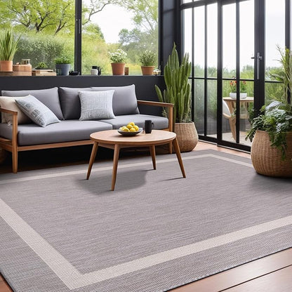Bordered Outdoor Rug 6x9 Washable Outside Carpet for Indoor Patio Porch Waterproof Easy Cleaning Non Shedding Area Rugs Gray 6 x 9