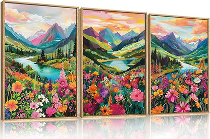 Celestdeco Wildflower Blossom Framed Canvas Wall Art Set, Colorful Flowers Painting, Abstract Landscape Wall Decor, Natural Ridge Floral Art Print for Living Room, Dining Room, Office - 24"x36"x3