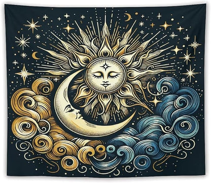 HZOHNAGO Sun Moon Tapestry Boho Golden Stars Pattern Printed Wall Tapestry Wall Hanging for Bedroom Living Room Dorm 60" W x 50" H