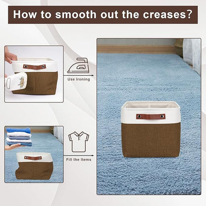 Storage Bins Large Fabric Storage Baskets for Shelves 3 Pack, Decorative Linen Closet Baskets with Handles for Organizing, Shelf, Clothes, Home, Office, 15x11x9.5Inches (Brown&White)