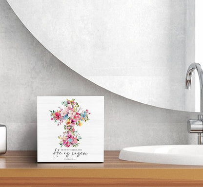 SRADMO He Is Risen Sign, Floral Cross Easter Christian Wood Box Sign Desk Decor, Christian Easter Decorations, Easter Theme Wooden Block Box Decoration for Home Office Shelf Table Decor