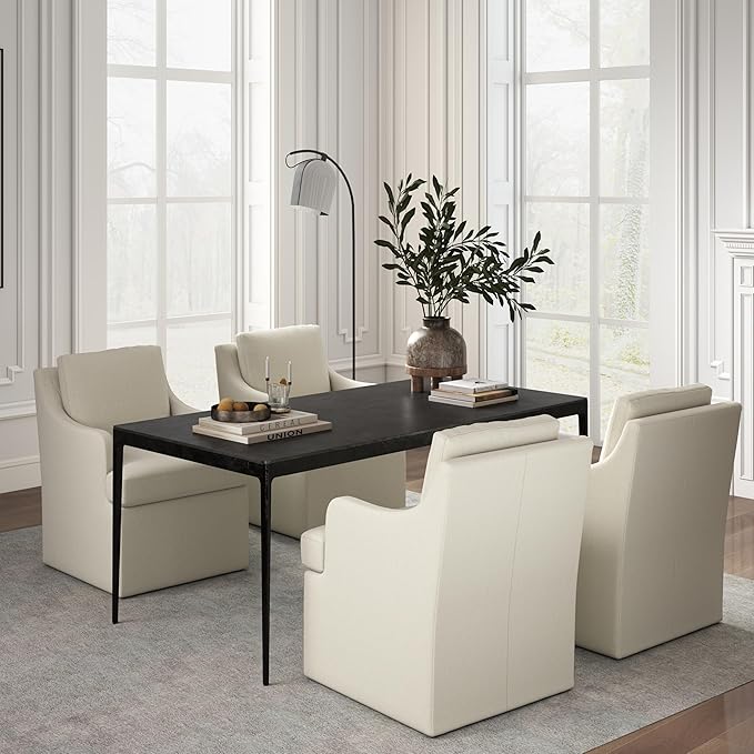 VKNOW Upholstered Dining Chairs Set of 4, Modern Kitchen Chairs Dinner Chairs with 4 Casters, Linen Armchair for Bedroom Reading Room Living Room, Beige