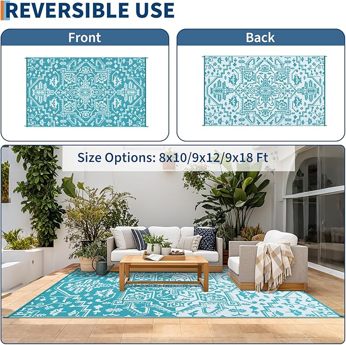 Outdoor Rug 8x10 Waterproof Reversible Plastic Straw Mat, UV-Resistant Vintage Medallion Camping Carpet for Patio, Deck, Balcony, Picnic, Large Outside Floor Mat, Light Blue/White