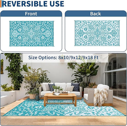 Outdoor Rug 8x10 Waterproof Reversible Plastic Straw Mat, UV-Resistant Vintage Medallion Camping Carpet for Patio, Deck, Balcony, Picnic, Large Outside Floor Mat, Light Blue/White