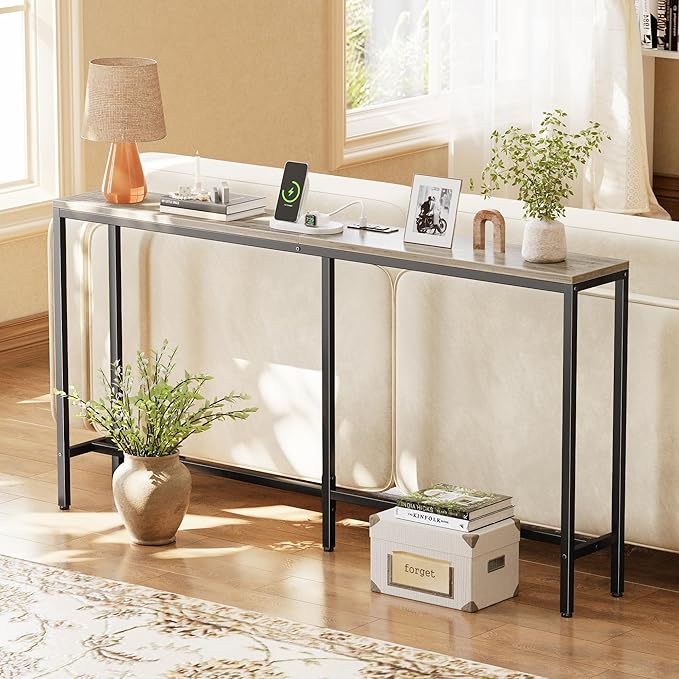 SUPERJARE Console Table with Outlet, 63 Inch Sofa Table with Charging Station, Narrow Hallway Entryway Table, Behind Couch Table, for Living Room, Oak