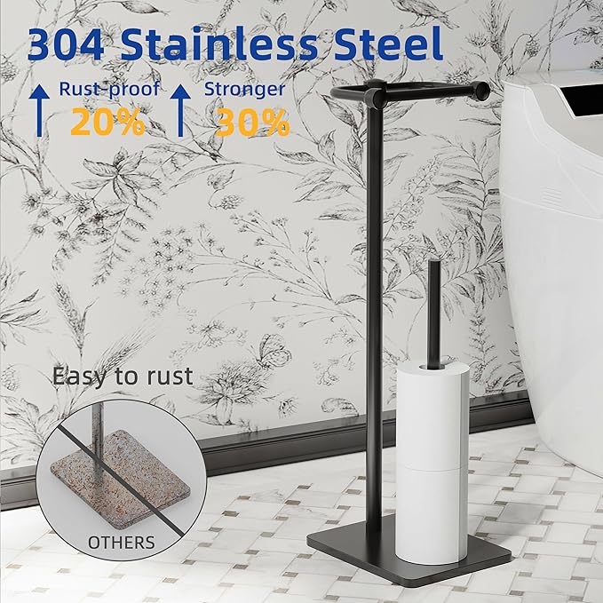 RUACQ Toilet Paper Holder Stand, Bathroom Toilet Paper roll Holder Free Standing with Storage for 4 Rolls, Post Pivoting Design, Stable Weighted Base, SUS304 Stainless Steel (Matte Black)