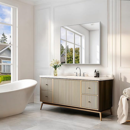 Silver Bathroom Mirror for Wall, 30x30 Inch Rectangle Mirrors with Metal Frame, Modern Vanity Wall Mirror Decor for Bathroom Living Room, Entryway Hangs Horizontal or Vertical