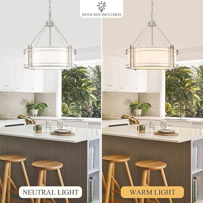 16.3''Drum Chandelier 3-Light Brushed Nickel Modern White Fabric Chandeliers Adjustable Drum Pendant Light for Dining Room Kitchen Island Hallway Living Bedroom