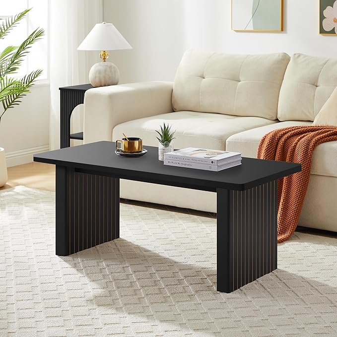Rectangular Fluted Coffee Table, Farmhouse Wood Coffee Table Mid Century Modern Center Table Boho Living Room Tables for Living Room Office (Black, 19.69" D x 43.3" W x 17.72" H)