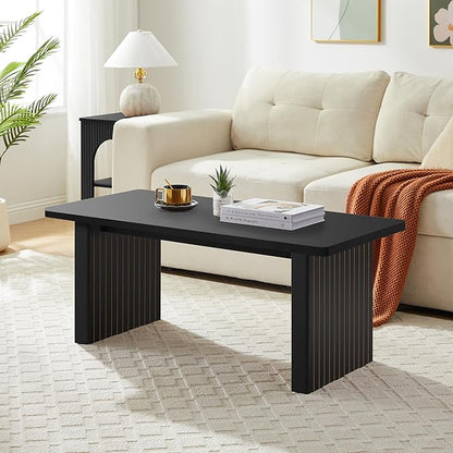 Rectangular Fluted Coffee Table, Farmhouse Wood Coffee Table Mid Century Modern Center Table Boho Living Room Tables for Living Room Office (Black, 19.69" D x 43.3" W x 17.72" H)