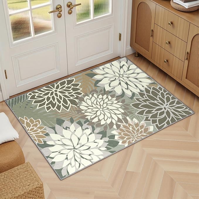 Area Rug 2x3 Brown White Washable Entry Small Rug Multicolored Tropical Botanical Modern Floral Indoor Kitchen Door Mat Entrance Carpet Non Slip for Bedroom Living Room, Porch