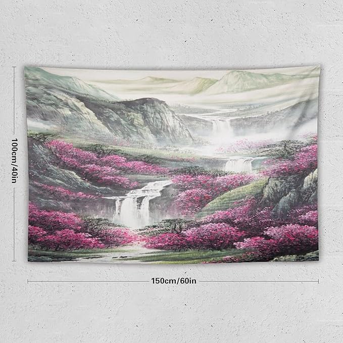 Japanese Tapestry, Red Plum Blossom Mountain Tapestry, Asian Japanese Wall Tapestry, Nature Landscape Tapestries for Bedroom Living Room Decor 60"x40"