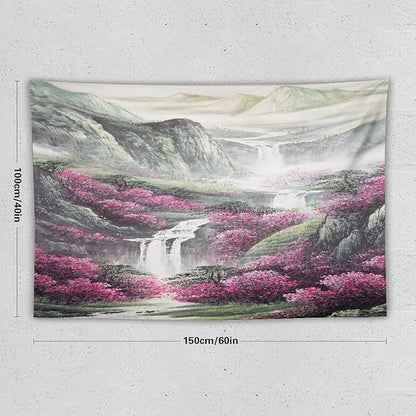 Japanese Tapestry, Red Plum Blossom Mountain Tapestry, Asian Japanese Wall Tapestry, Nature Landscape Tapestries for Bedroom Living Room Decor 60"x40"
