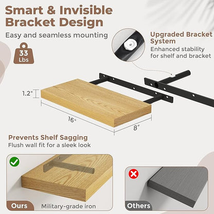 16 Inch Floating Shelves for Wall Set of 2, 8"D Wood Grain Bathroom Shelves with Invisible Brackets, Easy Install Engineered Wood Storage Shelves for Kitchen, Living Room, Bedroom, Oak Finish