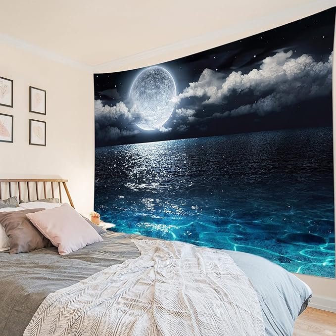 LB Blue Ocean Moon Tapestry White Cloud and Full Moon Over Ocean Tapestry Wall Hanging Fantasy Night Sky Wall Art for Bedroom Living Room Dorm Wall Decor,80 x 60 Inches