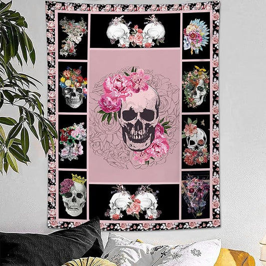 yowecso Sugar Skull Tapestry Horror Skeleton Tapestry Wall Hanging for Bedroom Rose Skull Tapestries Aesthetic Wall Decor for Home Dorm Living Room 40"x60"
