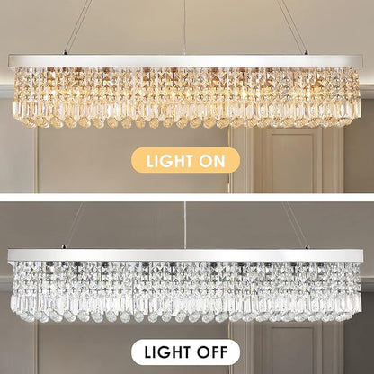 Siljoy Modern Rectangular Crystal Chandelier, 47" Rectangle Raindrop Hanging Ceiling Pendant Light Fixture Adjustable Height for Kitchen Island Dining Room, Polished Chrome Finish, L47 x W10 x H10