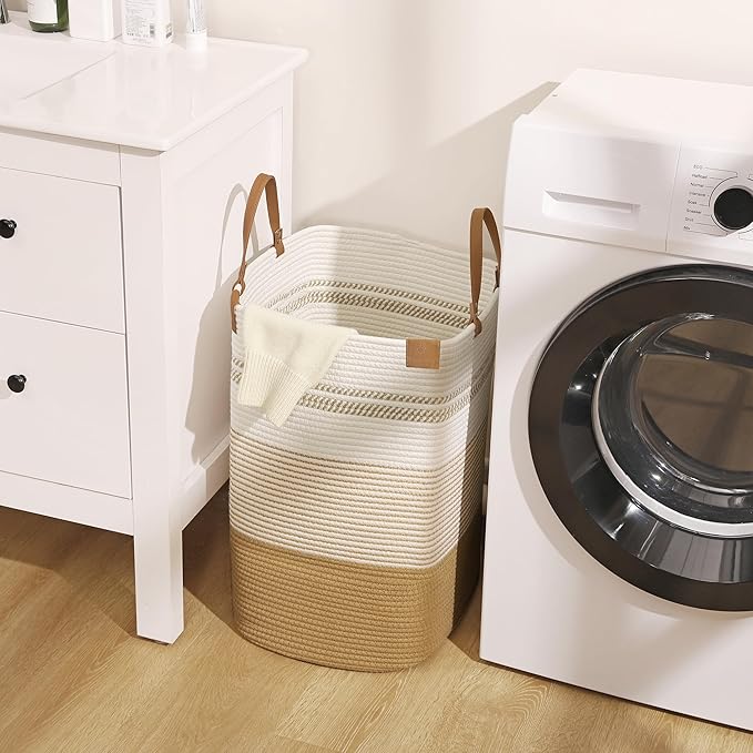 danpinera Large Laundry Hamper – 75L Tall Woven Cotton Storage Basket with Leather Handles, Slim Dirty Clothes Hamper, Decorative Storage Basket for Blanket,Toys White & Jute