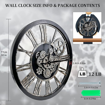 Large Wall Clock, Clocks for Living Room Decor Oversized 30 Inch Wall Decor Farmhouse Vintage Rustic Industrial Roman Big Chic Home Decor Wall Clock for House Bedroom Office, Moving Gears Clock