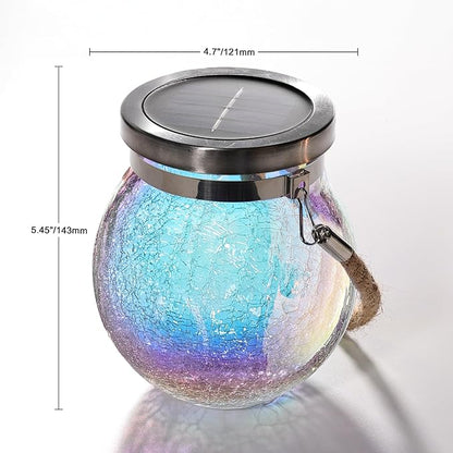 Cooo 4 Pack Solar Lantern Outdoor Waterproof Iridescent Crackle Glass with 215% Larger Solar Panel, Stainless Steel Lid – Rainbow Glass Hanging Light with Cool White LED for Garden Patio Table