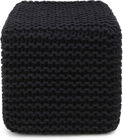 REDEARTH Cube Pouf Foot Stool Ottoman - Hand Knitted Poof - Cord Boho Pouffe - Home Décor - Stuffed Footrest for Living Room - Bedroom - Covered Patio (16" x 16" x 16") - Black