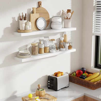 40 Inch Floating Shelves, 8 Inch Deep Floating Shelves for Wall, Hanging Shelf with Invisible Brackets, Deep Shelves for Bathroom, Bedroom, Living Room, White, Set of 2