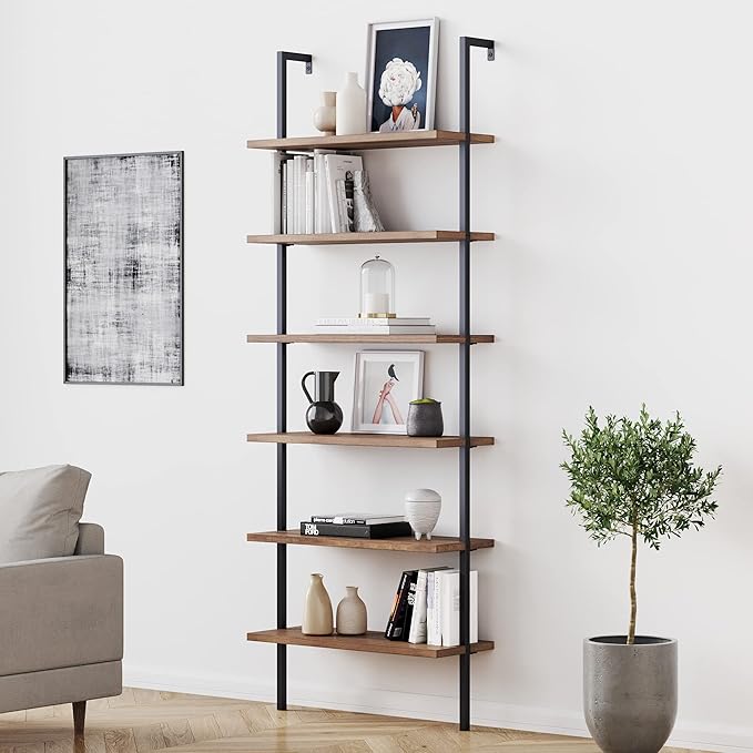 Nathan James Theo 6-Shelf Tall Bookcase, Wall Mount Bookshelf with Reclaimed Wood and Industrial Metal Frame, Oak/Black