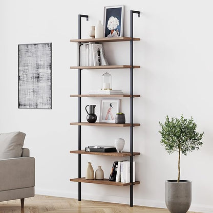 Nathan James Theo 6-Shelf Tall Bookcase, Wall Mount Bookshelf with Reclaimed Wood and Industrial Metal Frame, Oak/Black