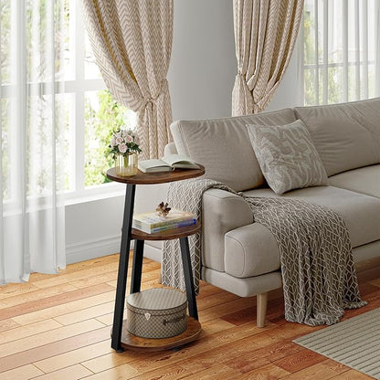 Side Table, Small End Table with Metal Frame, 3-Tier Bedside Tables, Round Side Tables for Living Room Bedroom Couch Bathroom, Oval, Vintage Brown