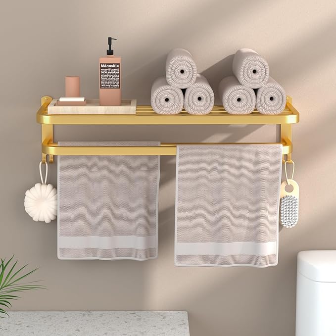 DDS-DUDES Gold Bathroom Towel Rack Towel Shelf with Double Towel Bars Lavatory Wall Mount Holder with Hooks Golden Stainless Steel Hotel Bath Rack 23 inches