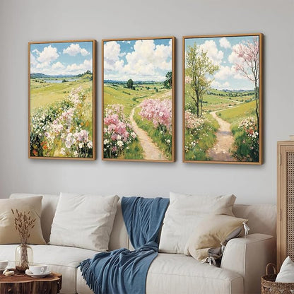 Tinonedraw Rustic Landscape Framed Canvas Wall Art Triptych, Blue and White Wall Decor, Vintage Botanical Floral Artwork, Modern Country Nature Farmhouse Art Prints for Living Room Bedroom 16"x24"x3