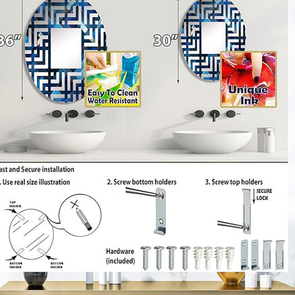 Symmetric Cubes in Deep Cobalt Blue - Geometric Maze - 24x36 Inches - Oval Decorative Wall Mirror for Bathroom, Bedroom, Entryway, Living Room, Vanity Room and Modern Décor