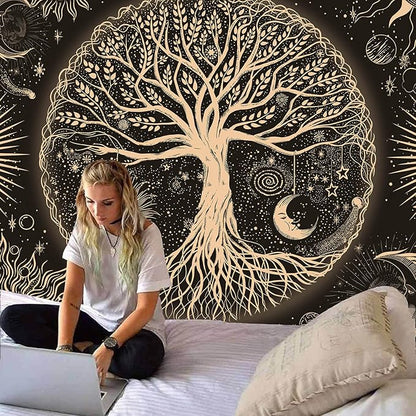 FORATER Tree of Life Tapestry Wall Hanging Sun Moon Stars Tapestries Aesthetic Galaxy Wall Tapestry Nature Home Decoration for Living Room Bedroom(61 x 82 Inch, Black and Gold)