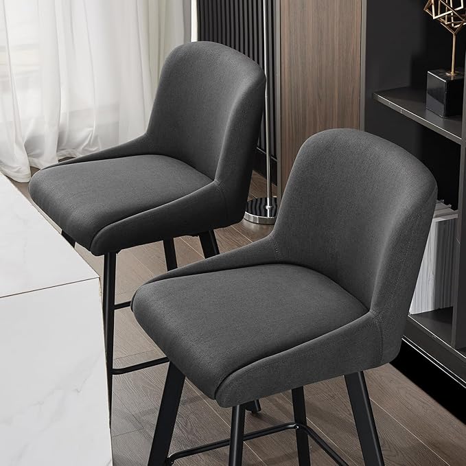 Swivel Counter Height Bar Stools Set of 3, 26''H Upholstered Barstools with Backs, Modern Bar Stool Chairs for Kitchen Island, Metal Legs, Fabric, Black Grey Stools Counter Chair