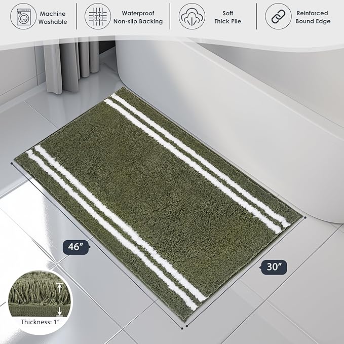PURRUGS Bathroom Rug Non-Slip Machine Washable 30" x 46", Super Absorbent and Quick Dry Shaggy Microfiber Bath Mat, Extra Soft and Plush Bath Rug for Bathtub, Shower and Sink, Olive Green
