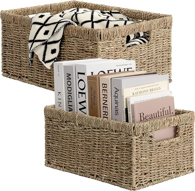 StorageWorks Wicker Storage Baskets, Large and Small Baskets, Handwoven Seagrass Basket for Organizing, Decorative Organizers with Built-in Handles, Set of 2