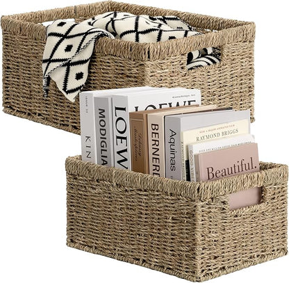 StorageWorks Wicker Storage Baskets, Large and Small Baskets, Handwoven Seagrass Basket for Organizing, Decorative Organizers with Built-in Handles, Set of 2