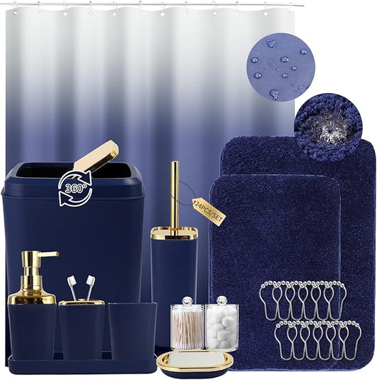 Bathroom Set - Navy Blue Bathroom Sets with Shower Curtain and Rugs, 24PCS Shower Curtain Set with Hooks, Soap Dispenser, Soap Dish, Toilet Brush Holder and Trash Can for Housewarming