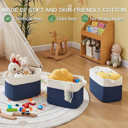 OIAHOMY Storage Basket, Woven Baskets for Storage, Cotton Rope Basket for toys,Towel Baskets for Bathroom - Pack of 3, Gradient Blue