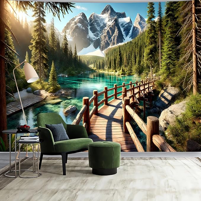 BSFHH Nature Tapestry Forest Tree Sea Cave Wall Hanging, Stream Through Rainforest Landscape Wall Art Tapestry for Bedroom Living room (Snow Scene, 110" × 87", Unframed)