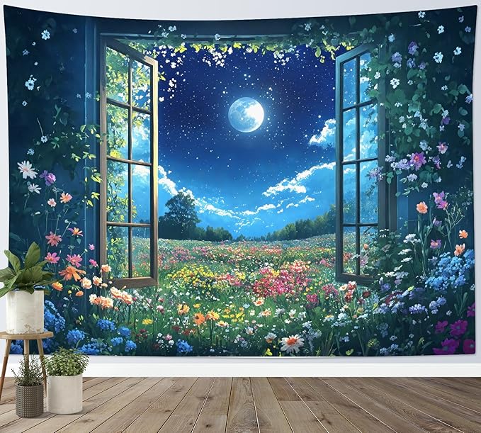 LB Wildflower Moon Tapestry, Green Plant Outside Window and Colorful Floral Wall Tapestry for Bedroom, Garden Wall Art for Living Room Dorm Home Decor Ready to Hanging, 80 x 60 Inches