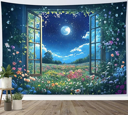LB Wildflower Moon Tapestry, Window Forest Plant Green Leaf and Garden Colorful Floral Wall Tapestry for Bedroom, Night Sky Wall Art for Living Room Dorm Home Decor Ready to Hanging, 59 x 51 Inches