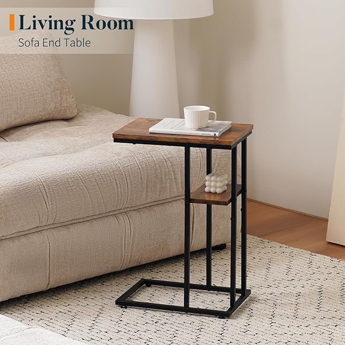 Yoobure C Shaped End Table, Side Table for Couch and Bed, Small Side Tables for Small Spaces, Living Room, Bedroom, Rustic Snack Tables