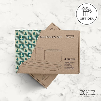 ZCCZ -Beige Bathroom Accessories Set 4 Pcs - Toothbrush Holder, Soap Dispenser, Vanity Tray, Bathroom Tumbler - Countertop Vanity Organizer - Bathroom Accessory Set- Toothbrush Holder Set, Stone Sets