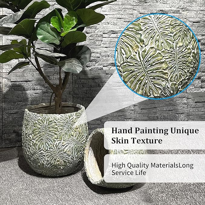 Craft flowerpots 18"+13"+19" Dia Round Concrete Planter Set of 3 Large Outdoor/Indoor Planter Pots Containers with Drainage Holes and Rubber Plug for Home Garden (Green, Large)