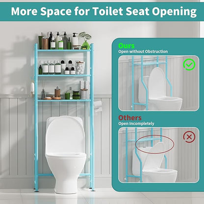 3-Tier Over The Toilet Storage with Paper Holder, Metal Bathroom Organizers and Storage for Small Space, Freestanding Bathroom Shelves with 4 Hooks, Above The Toilet Storage Shelf, Blue