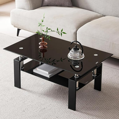 Black Glass Coffee Table for Living Room, Mordern Rectangle Tempered Glass Sofa Center Tables with Black Metal Leg for Home Office